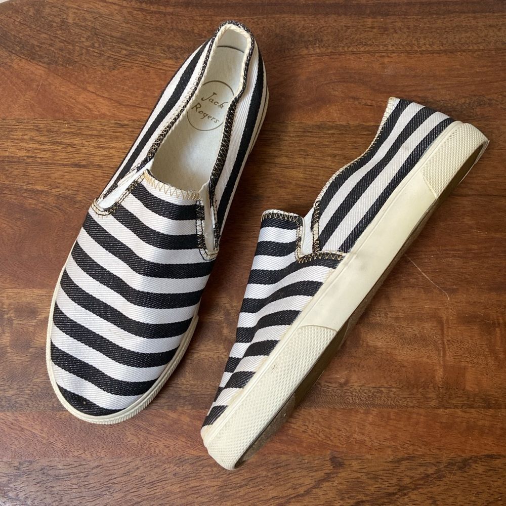 Jack Rogers Black and White Striped Slip-On Sneakers